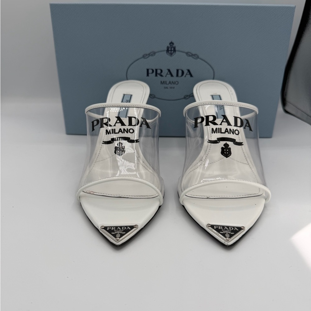 Prada Plexiglass Logo Print Clear PVC Triangle Toe Mule Heels 38